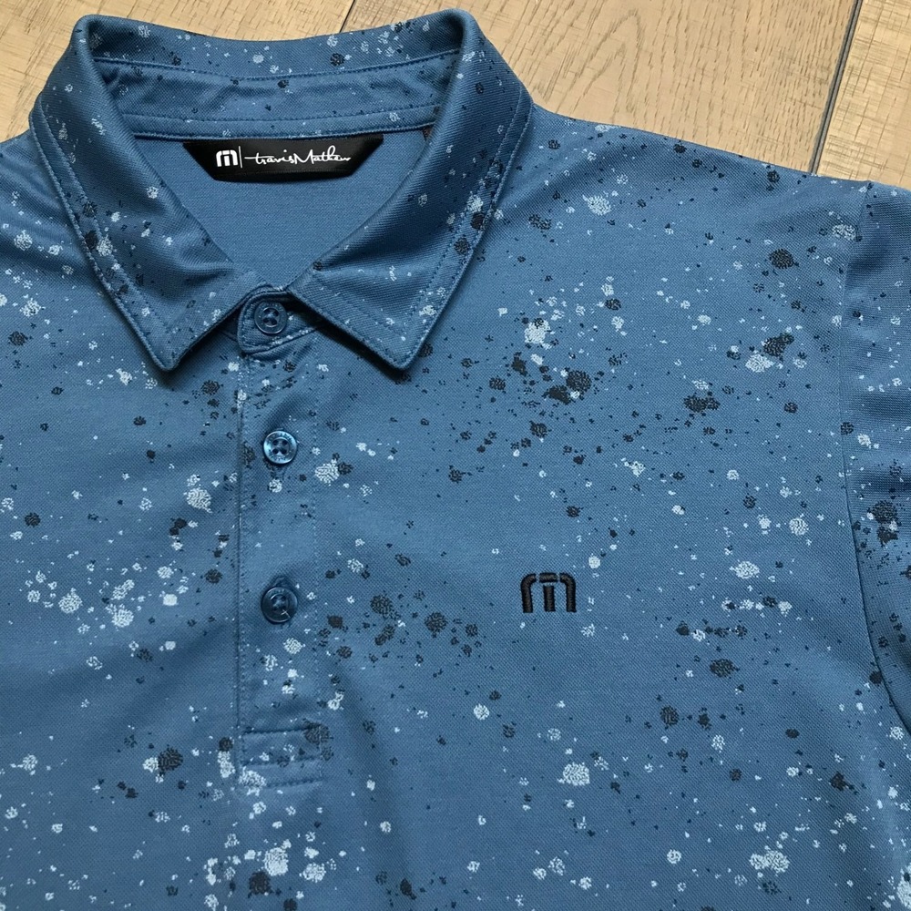 Travis Mathew Polo Shirt Mens Size M Blue Splatter Short Sleeve Golf Performance - Picture 5 of 11